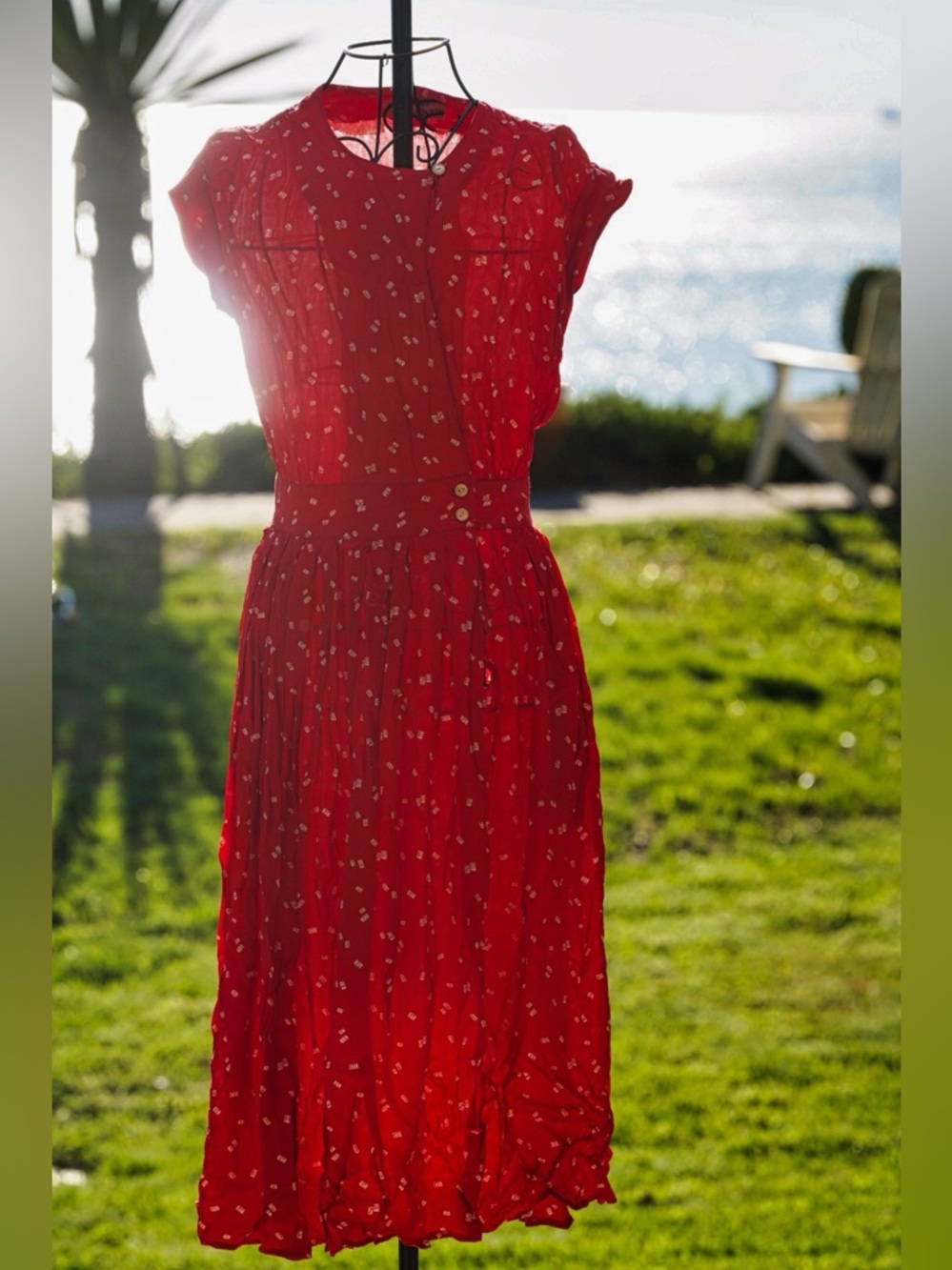 Jackie Bernard FDR Eclectic Red Rayon Midi Dress - Size 8 - Picture 6 of 10